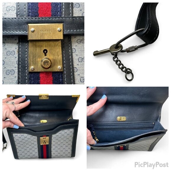 GUCCI Shelly Line Grey and Navy Blue Monogram Canvas Clutch w Stripes, Unisex - Picture 14 of 16